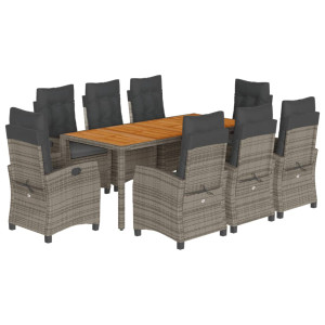 9 pcs conjunto de jantar p/ jardim c/ almofadões vime PE cinza H