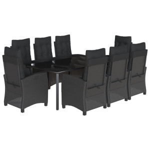 9 pcs conjunto de jantar p/ jardim c/ almofadões vime PE preto H