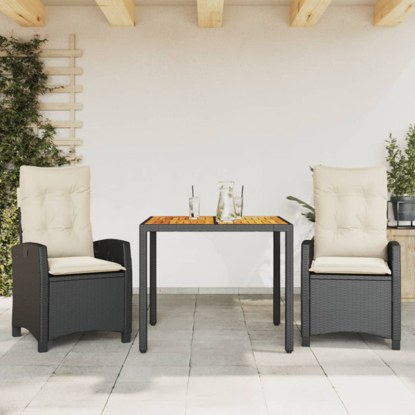 Set comedor de jardín 3 pzas con cojines ratán sintético negro D