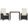 3 pcs conjunto de jantar p/ jardim c/ almofadões vime PE preto 2