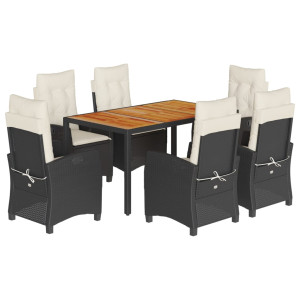 7 pcs conjunto de jantar p/ jardim c/ almofadões vime PE preto H