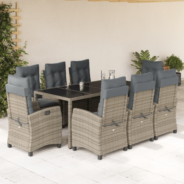 Set comedor jardín 9 pzas y cojines ratán sintético gris D