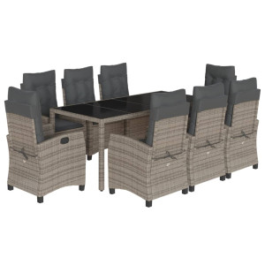 9 pcs conjunto de jantar p/ jardim c/ almofadões vime PE cinza H
