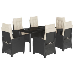 7 pcs conjunto de jantar p/ jardim c/ almofadões vime PE preto H