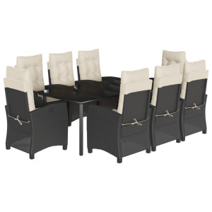 9 pcs conjunto de jantar p/ jardim c/ almofadões vime PE preto H