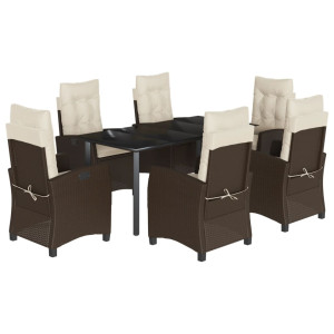 7 pcs conjunto jantar p/ jardim c/ almofadões vime PE castanho H