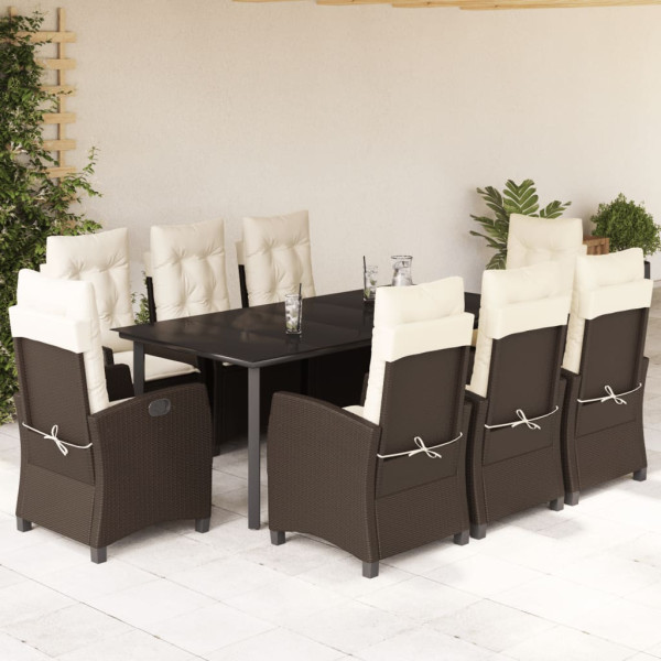 Set comedor para jardín 9 pzas y cojines ratán sintético marrón D