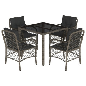5 pcs conjunto de jantar p/ jardim c/ almofadões vime PE cinza H