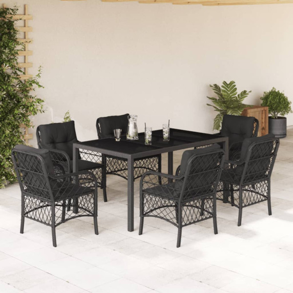 Set de comedor de jardín 7 pzas y cojines ratán sintético negro D