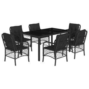 7 pcs conjunto de jantar p/ jardim c/ almofadões vime PE preto H