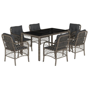 7 pcs conjunto de jantar p/ jardim c/ almofadões vime PE cinza H