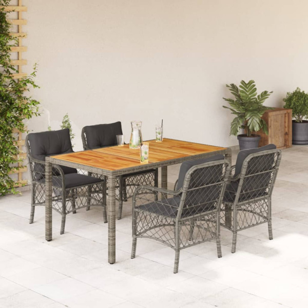 Set comedor de jardín 5 piezas con cojines ratán sintético gris D