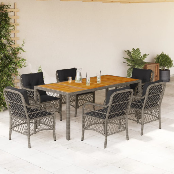 Set comedor jardín 7 pzas y cojines ratán sintético gris D