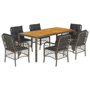 7 pcs conjunto de jantar p/ jardim c/ almofadões vime PE cinza H