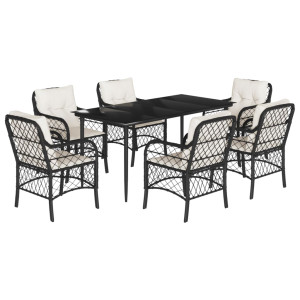 7 pcs conjunto de jantar p/ jardim c/ almofadões vime PE preto H