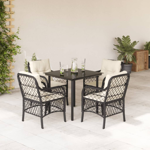 5 pcs conjunto de jantar p/ jardim c/ almofadões vime PE preto D
