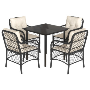 5 pcs conjunto de jantar p/ jardim c/ almofadões vime PE preto H