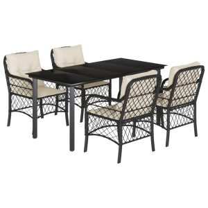 5 pcs conjunto de jantar p/ jardim c/ almofadões vime PE preto H