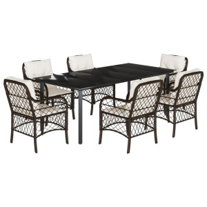 7 pcs conjunto jantar p/ jardim c/ almofadões vime PE castanho H