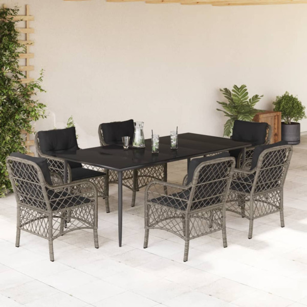 Set comedor jardín 7 pzas y cojines ratán sintético gris D