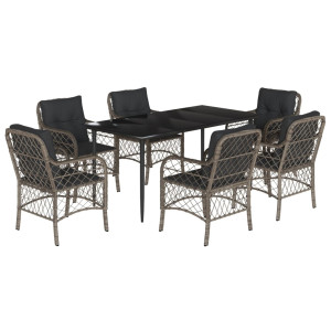 7 pcs conjunto de jantar p/ jardim c/ almofadões vime PE cinza H