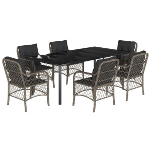 7 pcs conjunto de jantar p/ jardim c/ almofadões vime PE cinza H