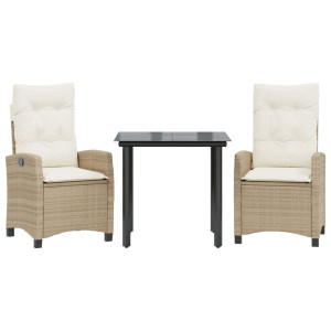 3 pcs conjunto de jantar p/ jardim com almofadões vime PE bege H