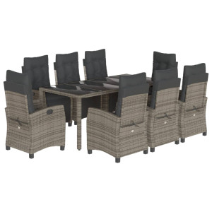9 pcs conjunto de jantar p/ jardim c/ almofadões vime PE cinza H