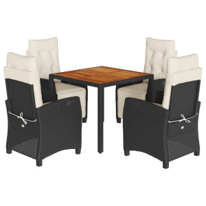 5 pcs conjunto de jantar p/ jardim c/ almofadões vime PE preto H
