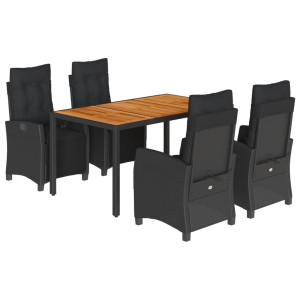 5 pcs conjunto de jantar p/ jardim c/ almofadões vime PE preto H