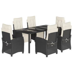 7 pcs conjunto de jantar p/ jardim c/ almofadões vime PE preto H