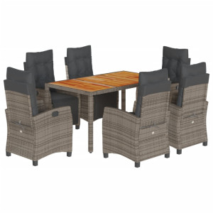 7 pcs conjunto de jantar p/ jardim c/ almofadões vime PE cinza H