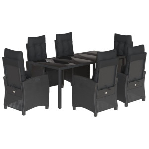 7 pcs conjunto de jantar p/ jardim c/ almofadões vime PE preto H