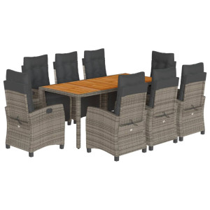 9 pcs conjunto de jantar p/ jardim c/ almofadões vime PE cinza H