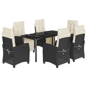 7 pcs conjunto de jantar p/ jardim c/ almofadões vime PE preto H