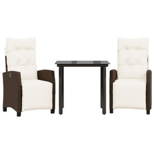 3 pcs conjunto jantar p/ jardim c/ almofadões vime PE castanho H