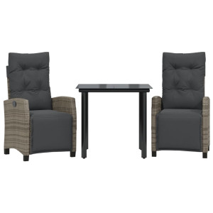 3 pcs conjunto de jantar p/ jardim c/ almofadões vime PE cinza H
