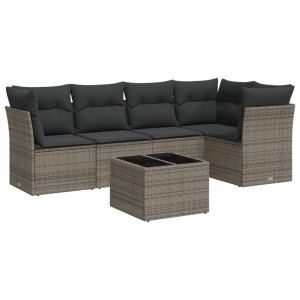 6 pcs conjunto sofás de jardim com almofadões vime cinzento H