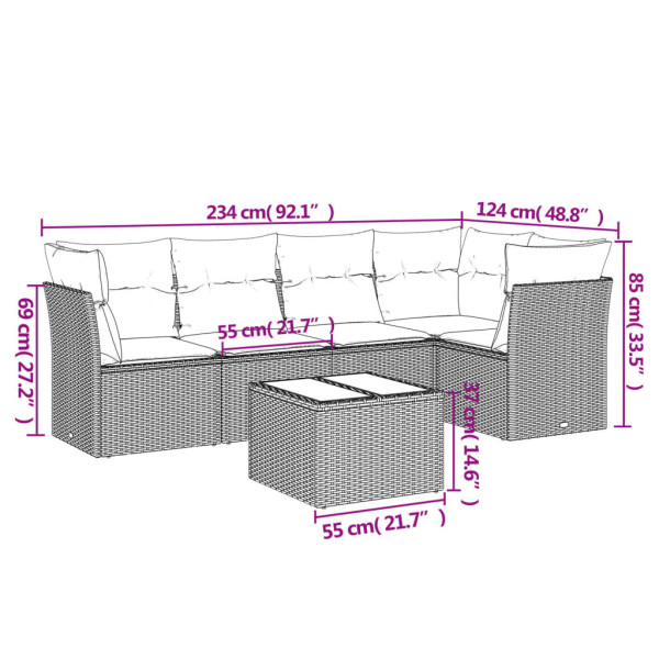 Set de muebles de jardín 6 pzas y cojines ratán sintético gris M 3