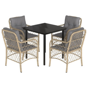 5pcs conj. jantar jardim c/ almofadões vime PE bege misturado H