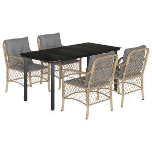 5pcs conj. jantar jardim c/ almofadões vime PE bege misturado H