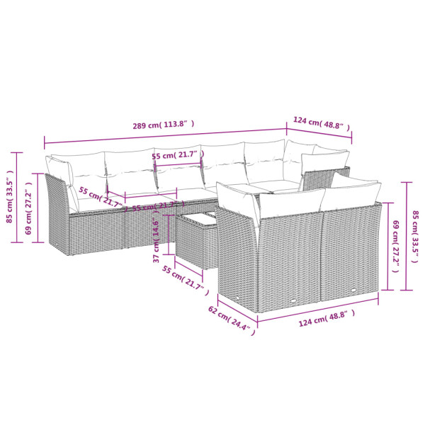 9 pcs conjunto sofás p/ jardim com almofadões vime PE cinzento M 3