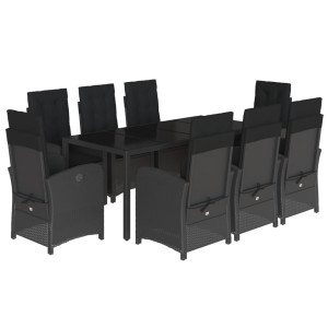 9 pcs conjunto de jantar p/ jardim c/ almofadões vime PE preto H
