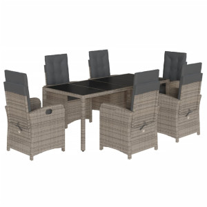 7 pcs conjunto de jantar p/ jardim c/ almofadões vime PE cinza H