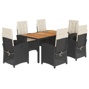 7 pcs conjunto de jantar p/ jardim c/ almofadões vime PE preto H