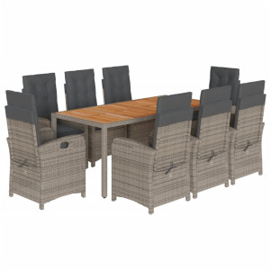 9 pcs conjunto de jantar p/ jardim c/ almofadões vime PE cinza H