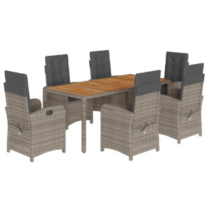 7 pcs conjunto de jantar p/ jardim c/ almofadões vime PE cinza H