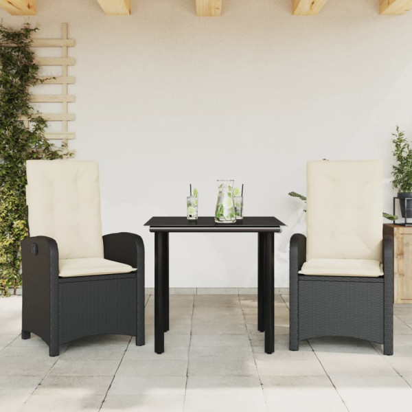 Set comedor de jardín 3 pzas con cojines ratán sintético negro D