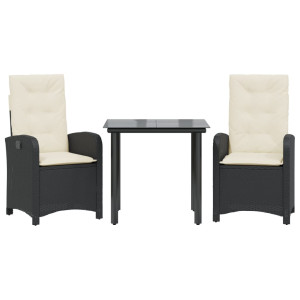 3 pcs conjunto de jantar p/ jardim c/ almofadões vime PE preto H
