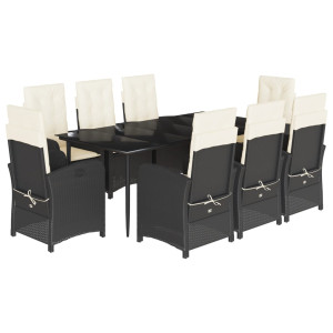 9 pcs conjunto de jantar p/ jardim c/ almofadões vime PE preto H